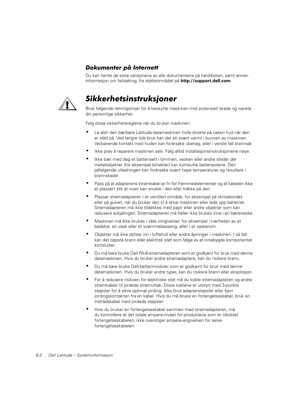 Sikkerhetsinstruksjoner | Dell Latitude C800 User Manual | Page 95 / 215