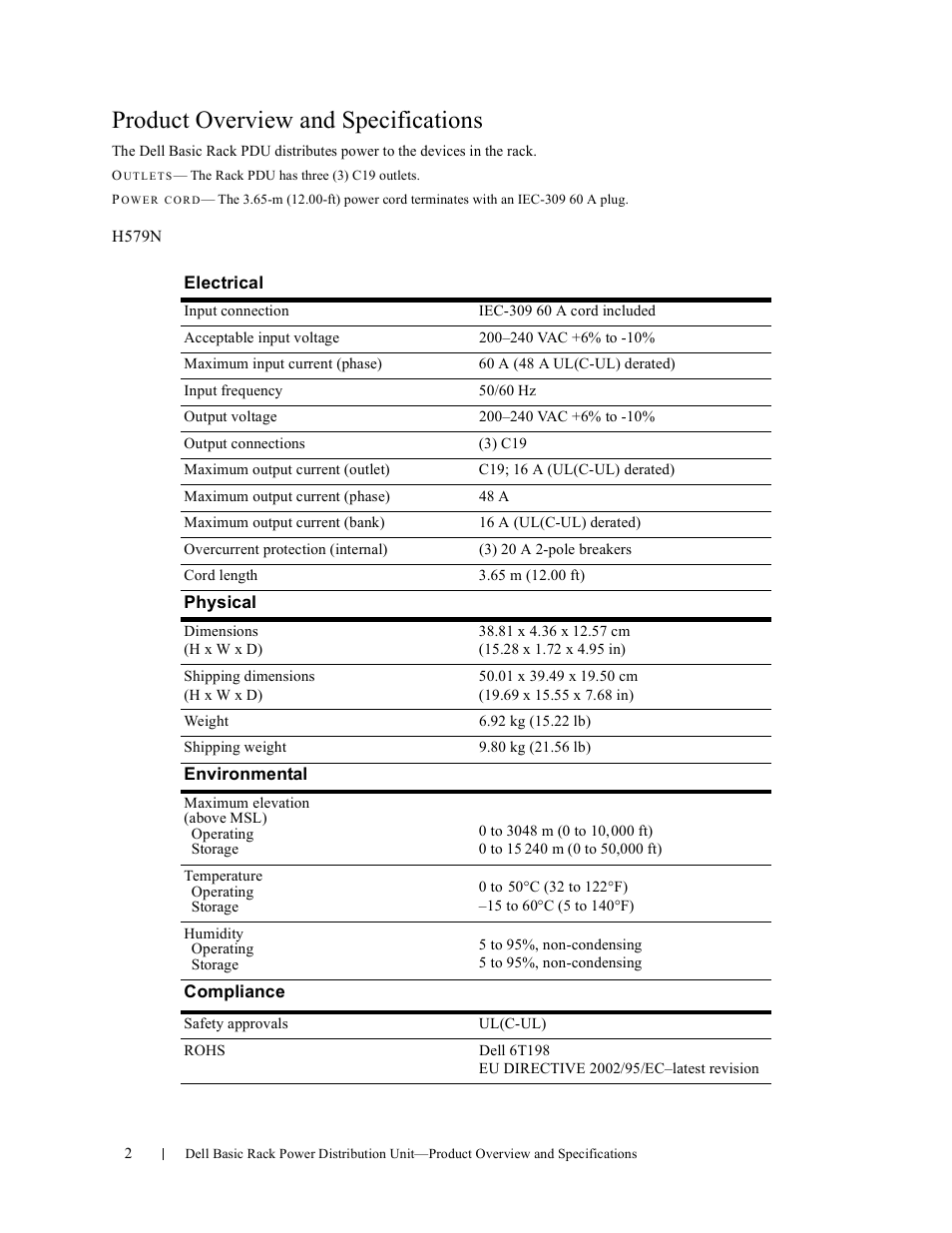 Product overview and specifications | Dell Basic PDU User Manual | Page 2 / 7