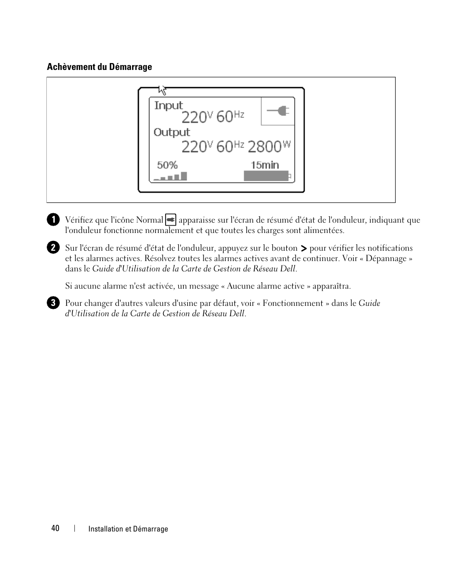 Achèvement du démarrage | Dell UPS 5600R User Manual | Page 42 / 184