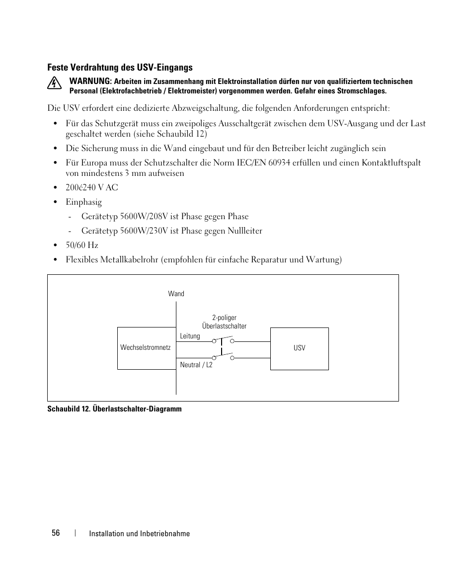 Feste verdrahtung des usv-eingangs | Dell UPS 5600R User Manual | Page 58 / 184