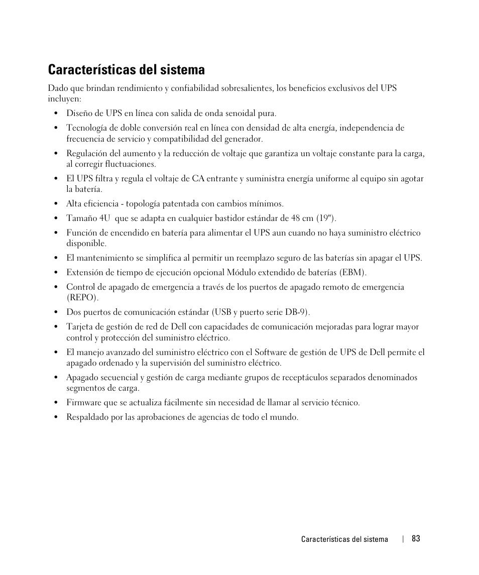 Características del sistema | Dell UPS 5600R User Manual | Page 85 / 184