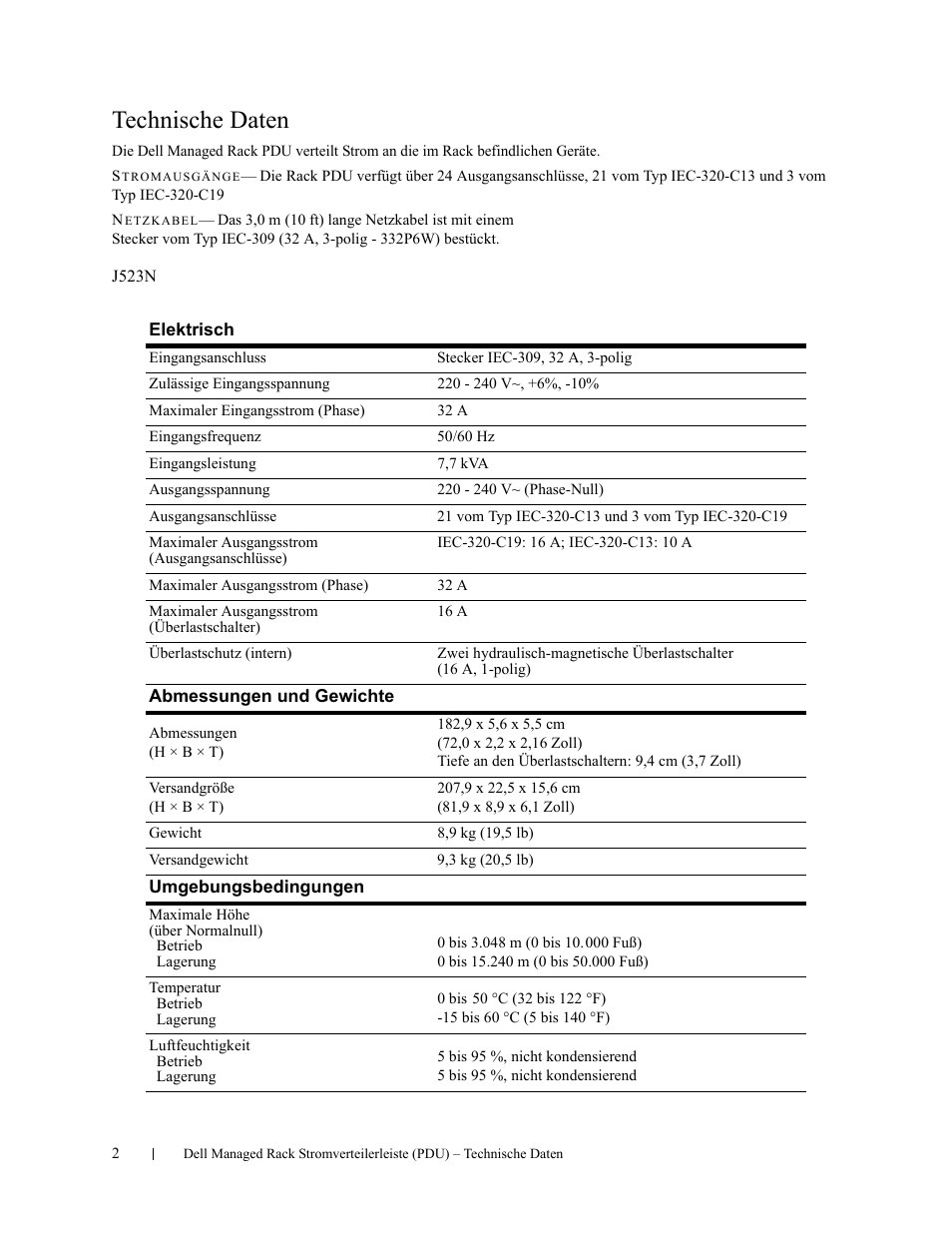 Technische daten | Dell Managed PDU LED User Manual | Page 14 / 32