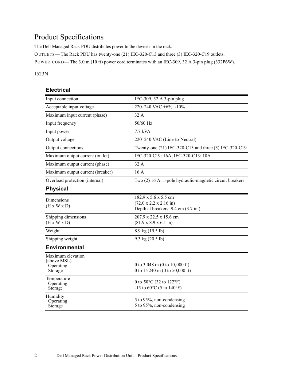 Product specifications | Dell Managed PDU LED User Manual | Page 2 / 32