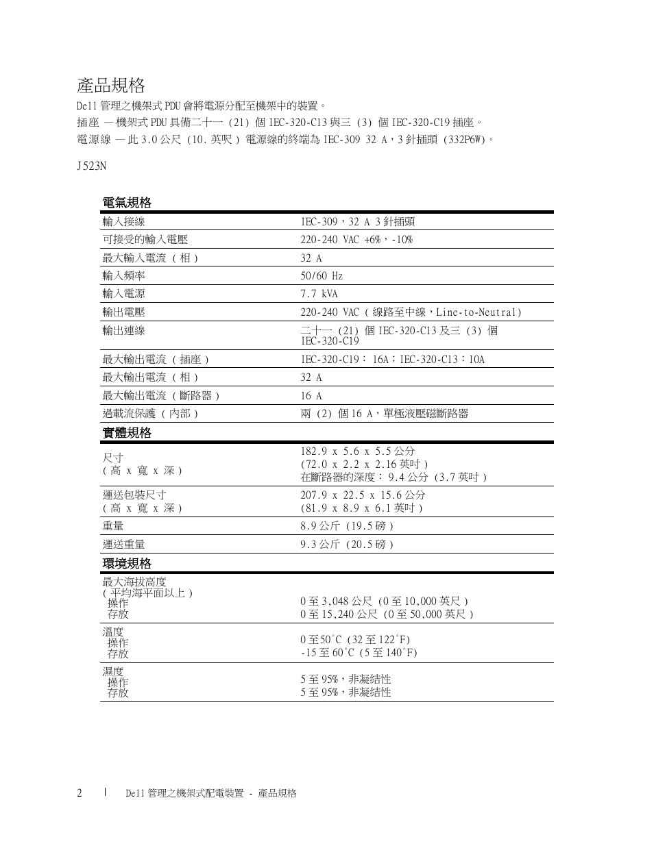 產品規格 | Dell Managed PDU LED User Manual | Page 26 / 32