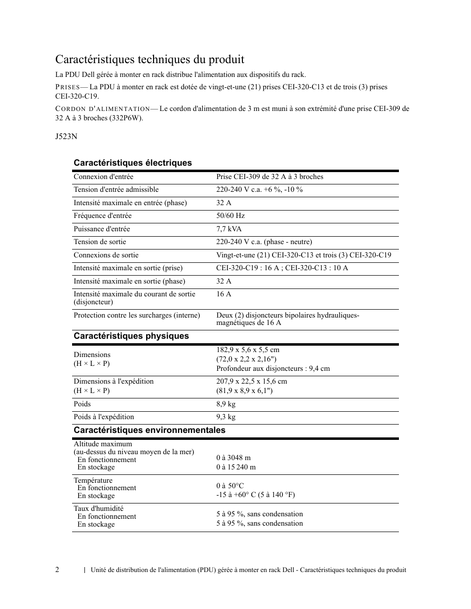 Caractéristiques techniques du produit | Dell Managed PDU LED User Manual | Page 6 / 32