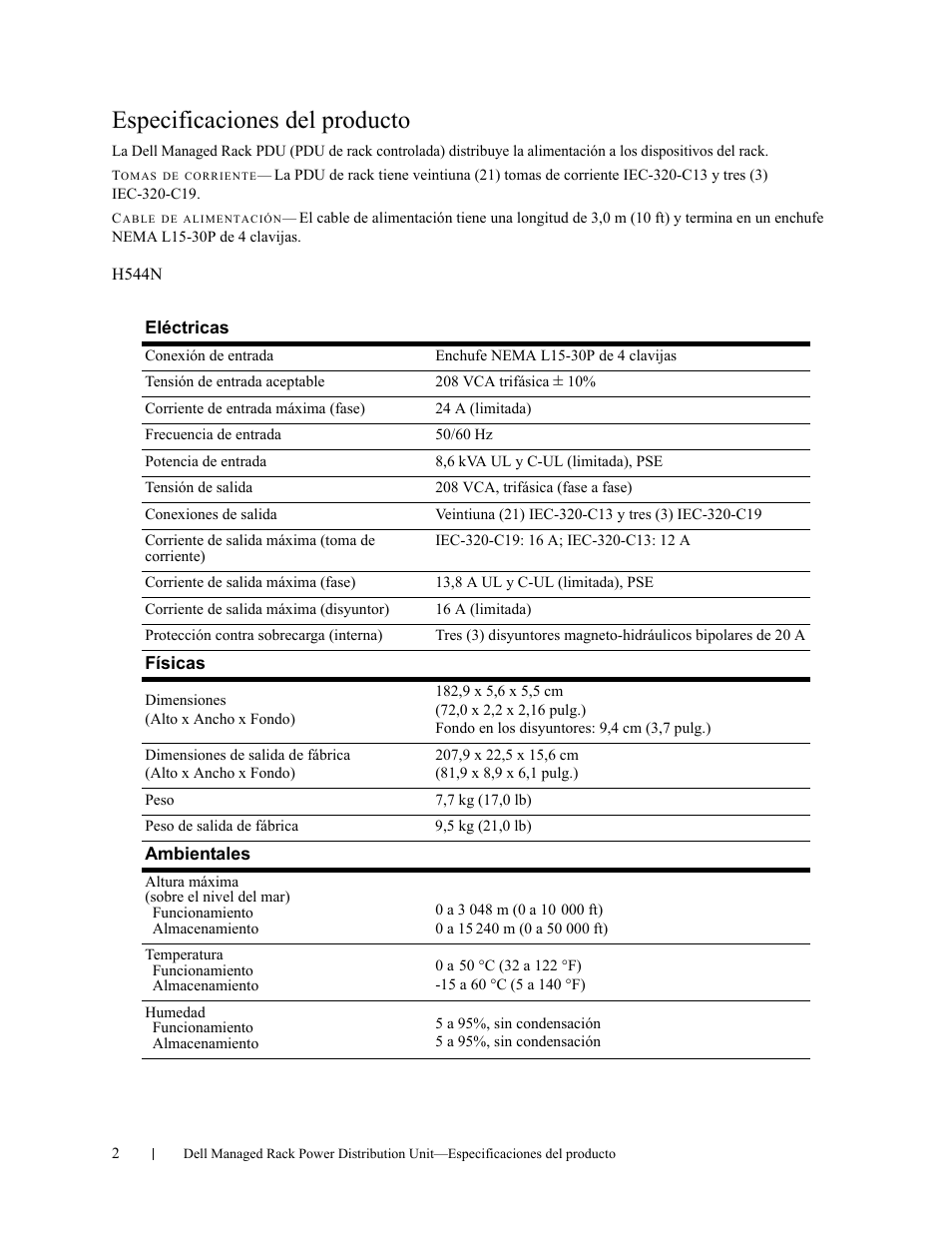Especificaciones del producto | Dell Managed PDU LED User Manual | Page 10 / 12
