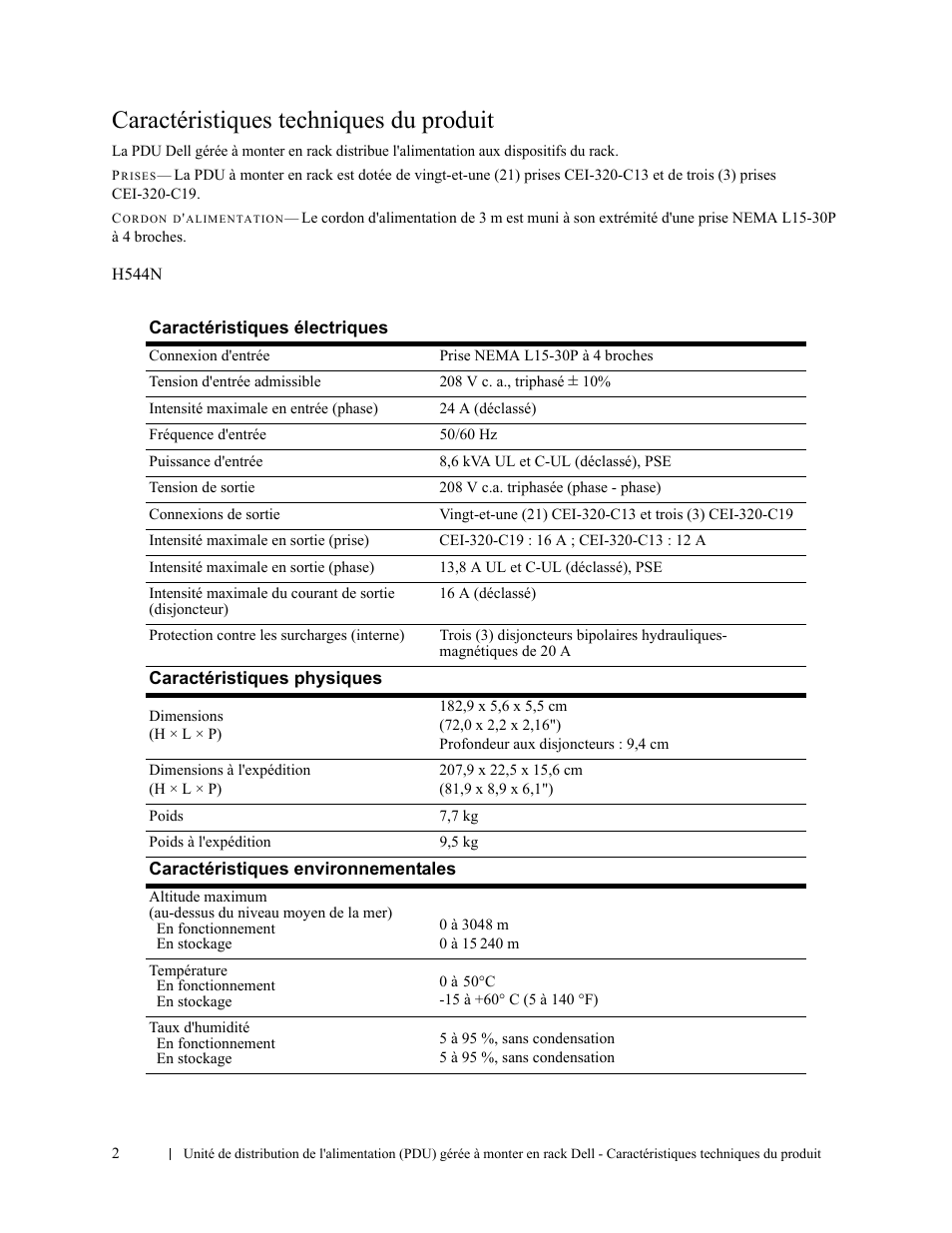 Caractéristiques techniques du produit | Dell Managed PDU LED User Manual | Page 6 / 12