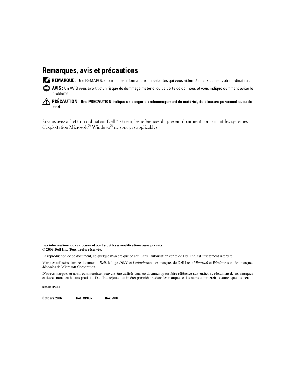 Remarques, avis et précautions | Dell Latitude 131L User Manual | Page 24 / 88