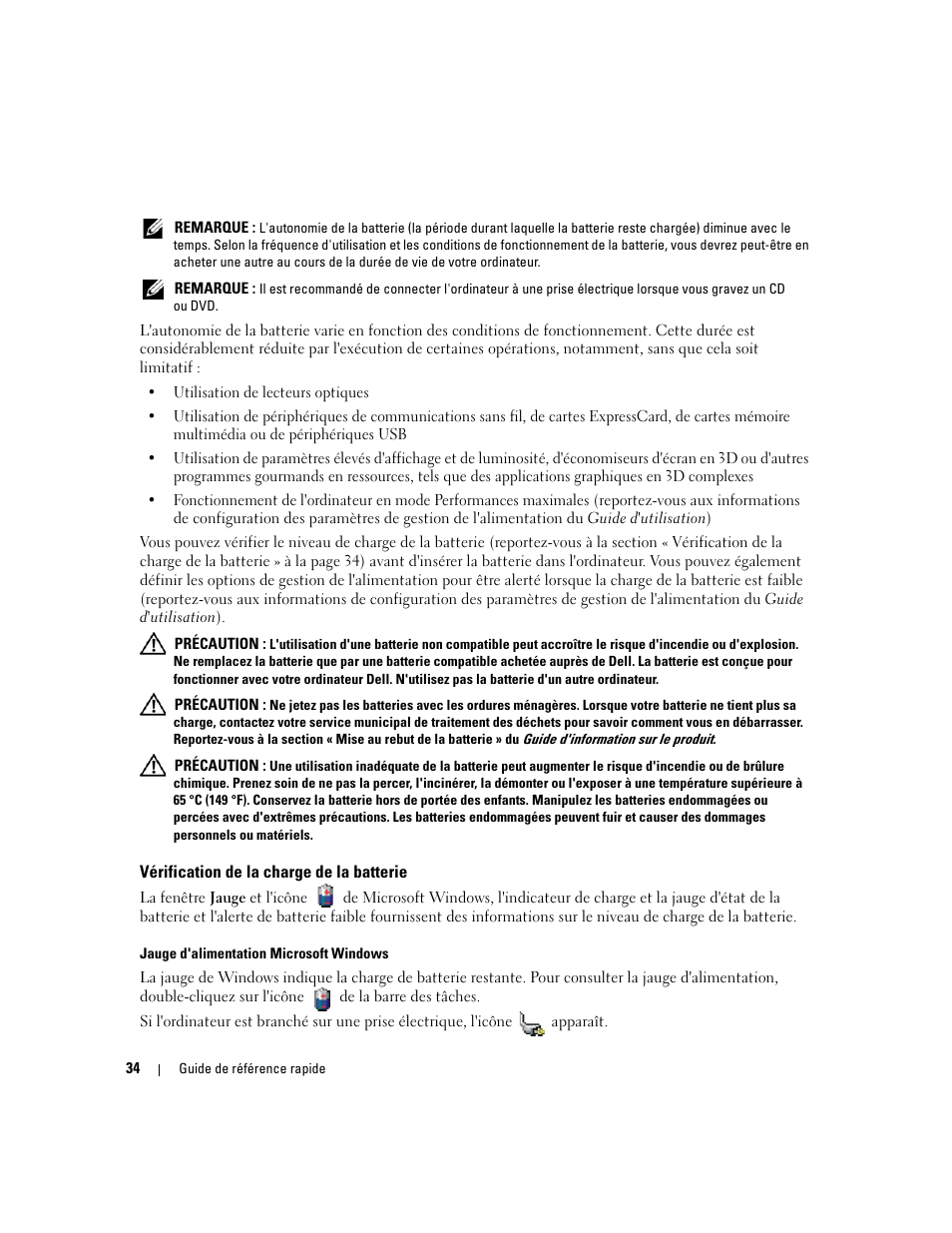 Vérification de la charge de la batterie | Dell Latitude 131L User Manual | Page 34 / 88