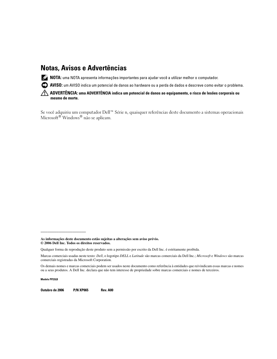 Notas, avisos e advertências | Dell Latitude 131L User Manual | Page 46 / 88