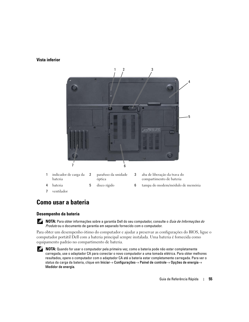 Vista inferior, Como usar a bateria, Desempenho da bateria | Dell Latitude 131L User Manual | Page 55 / 88
