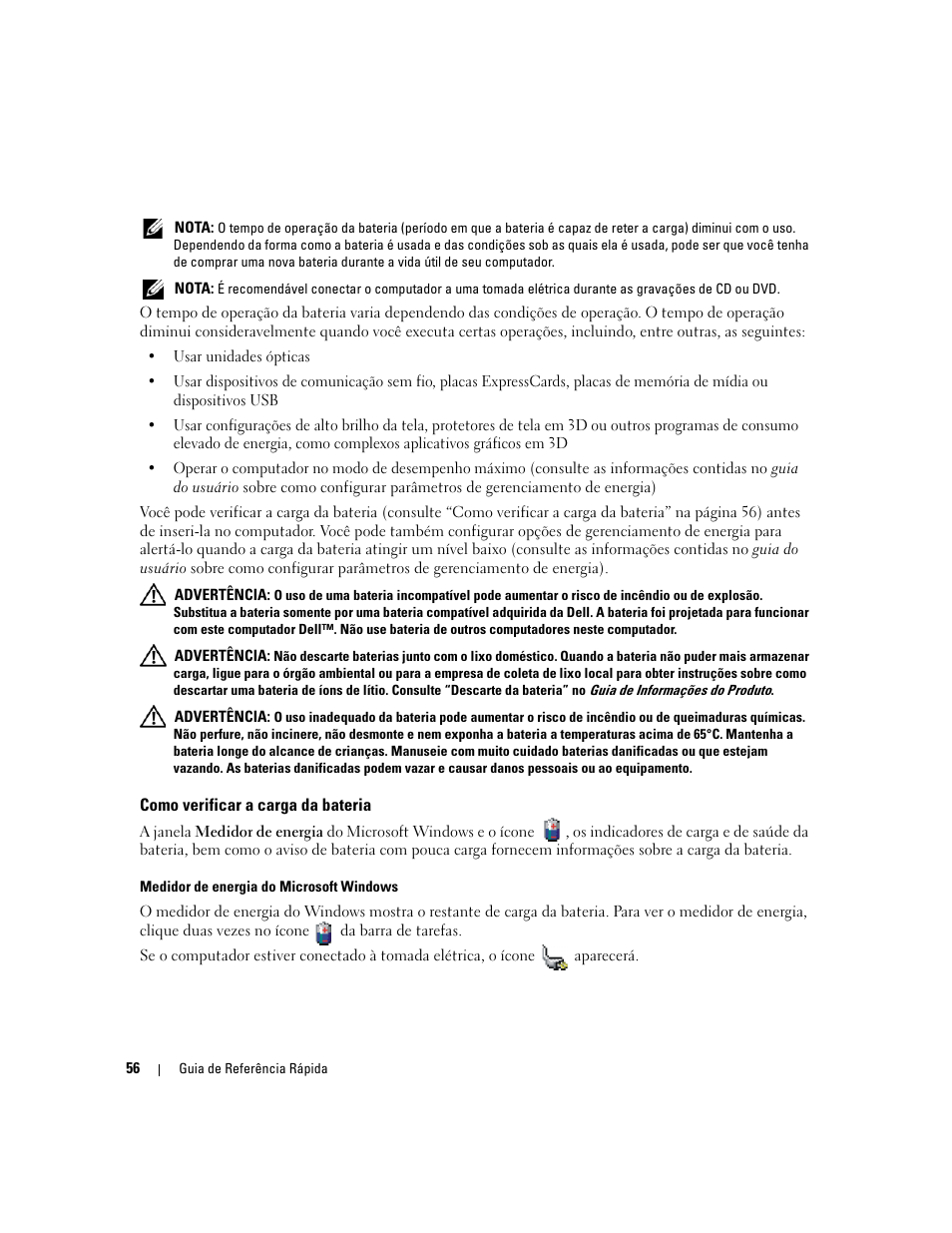Como verificar a carga da bateria | Dell Latitude 131L User Manual | Page 56 / 88