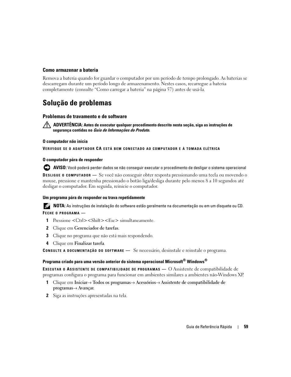 Como armazenar a bateria, Solução de problemas, Problemas de travamento e de software | Dell Latitude 131L User Manual | Page 59 / 88