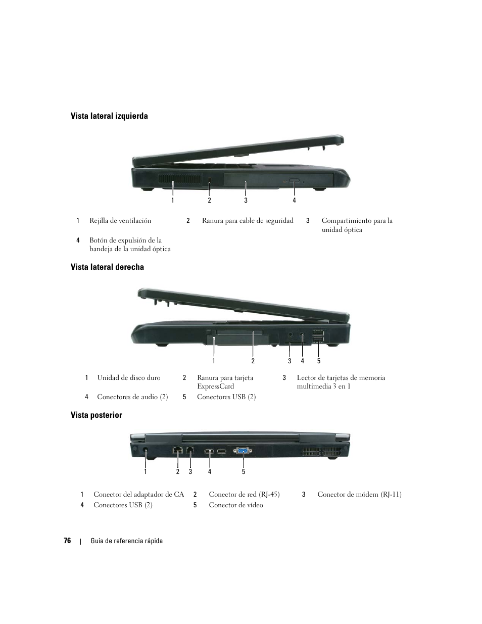 Vista lateral izquierda, Vista lateral derecha, Vista posterior | Dell Latitude 131L User Manual | Page 76 / 88