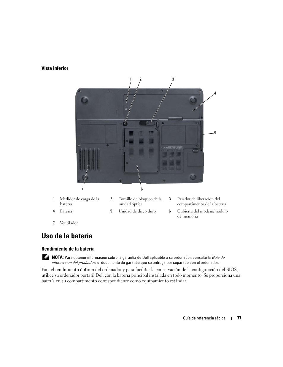 Vista inferior, Uso de la batería, Rendimiento de la batería | Dell Latitude 131L User Manual | Page 77 / 88