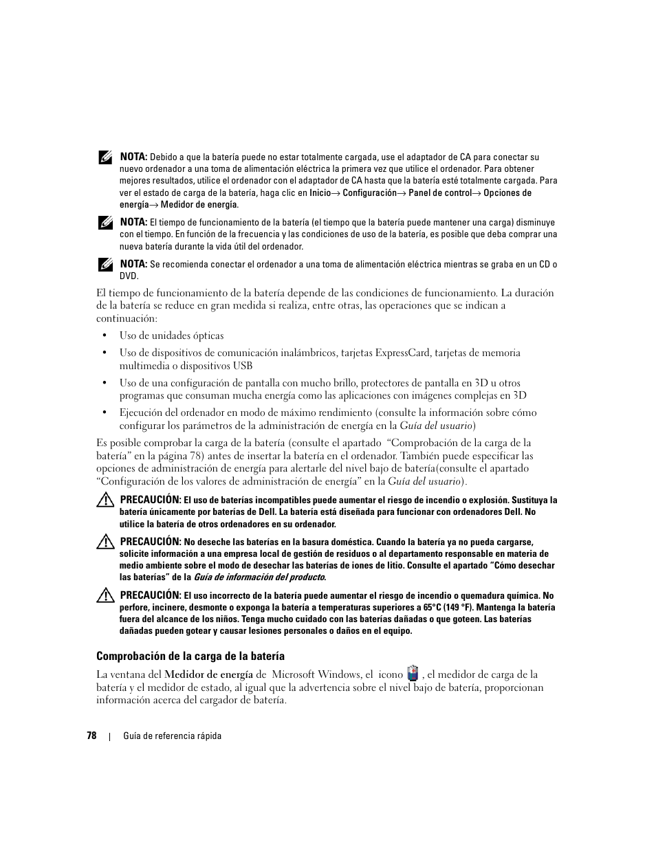 Comprobación de la carga de la batería | Dell Latitude 131L User Manual | Page 78 / 88