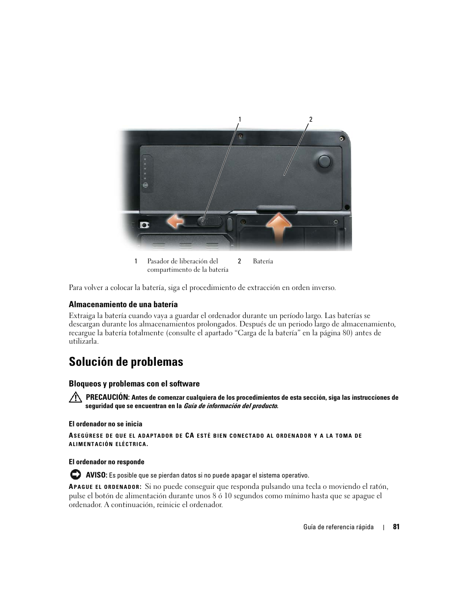 Almacenamiento de una batería, Solución de problemas, Bloqueos y problemas con el software | Dell Latitude 131L User Manual | Page 81 / 88