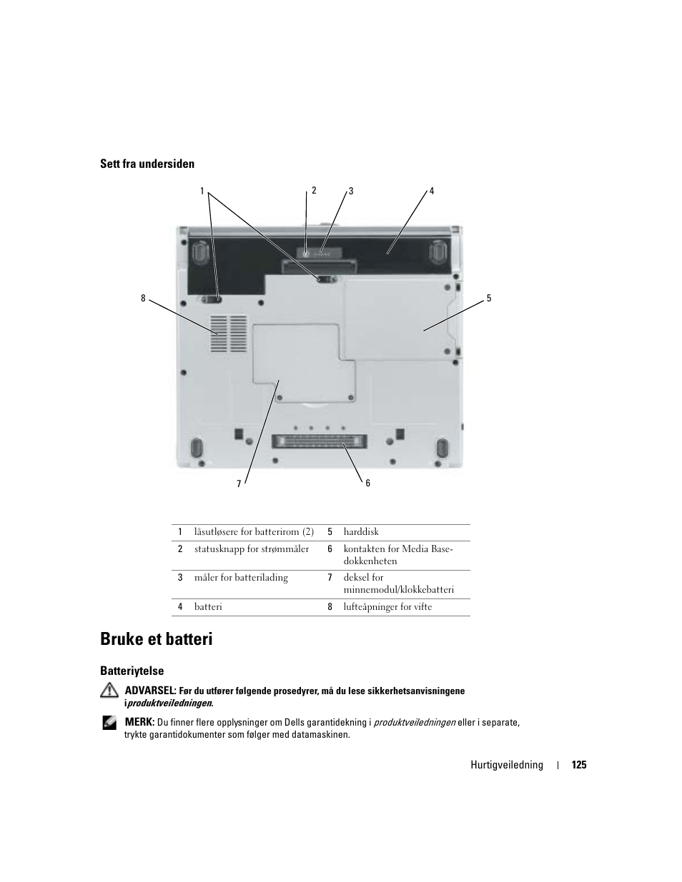 Sett fra undersiden, Bruke et batteri, Batteriytelse | Dell Latitude D410 User Manual | Page 125 / 248