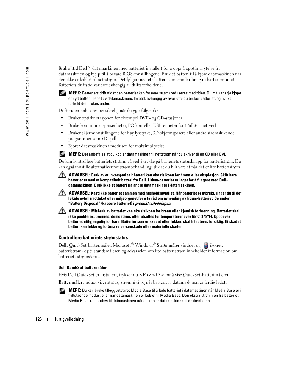 Kontrollere batteriets strømstatus | Dell Latitude D410 User Manual | Page 126 / 248