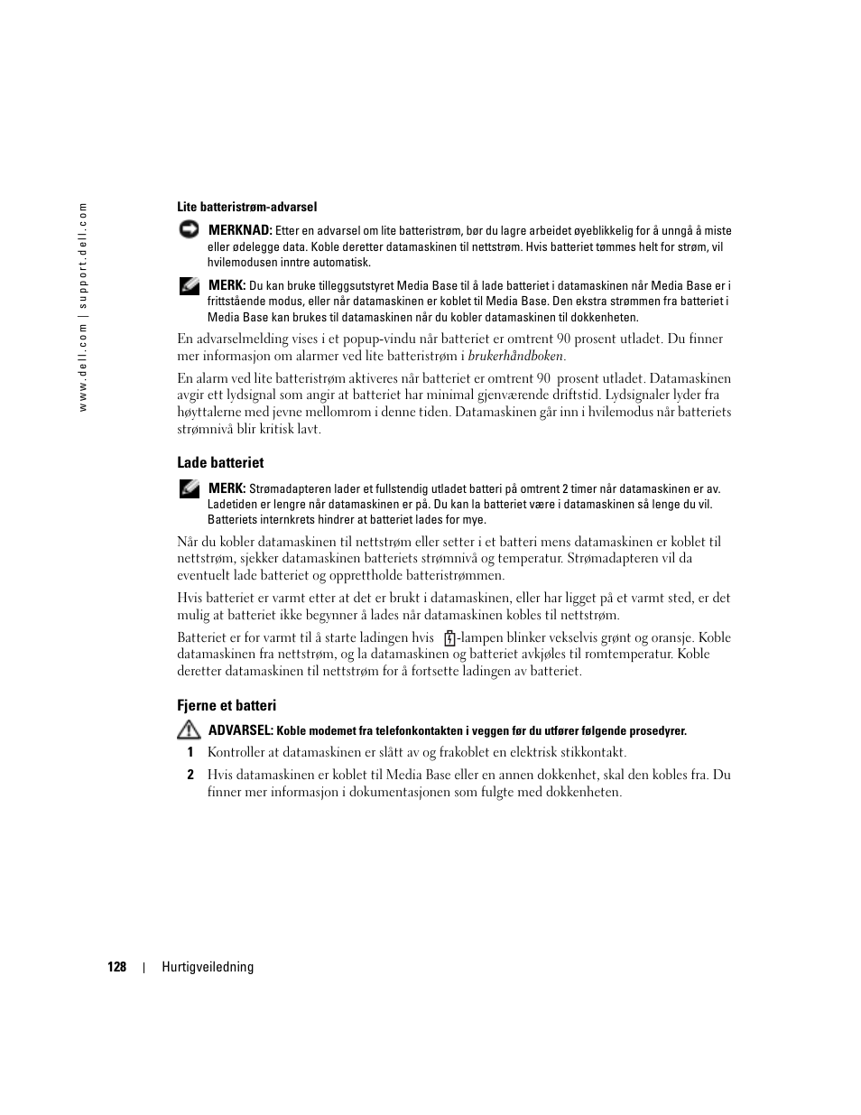 Lade batteriet, Fjerne et batteri | Dell Latitude D410 User Manual | Page 128 / 248