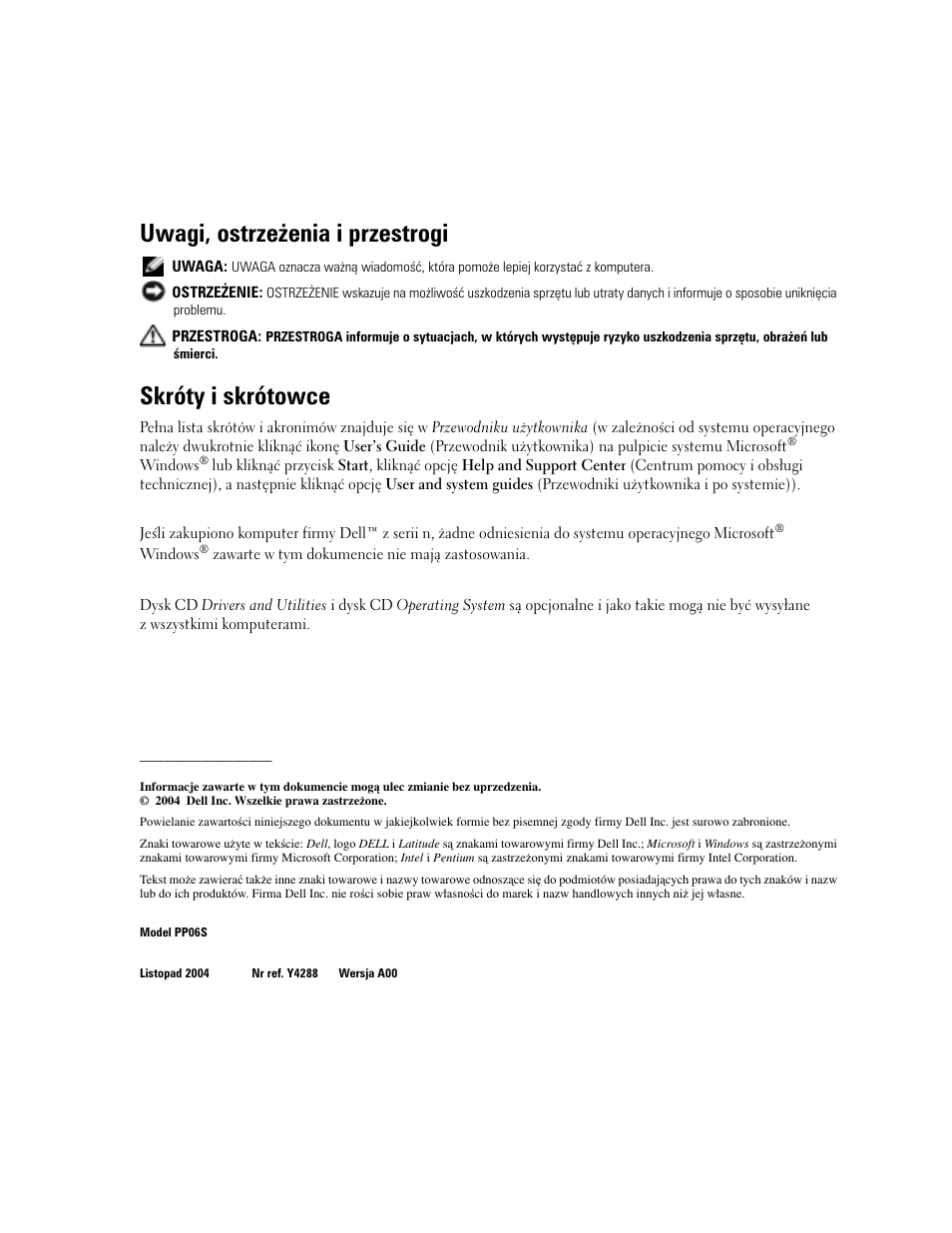 Uwagi, ostrzeżenia i przestrogi, Skróty i skrótowce | Dell Latitude D410 User Manual | Page 140 / 248