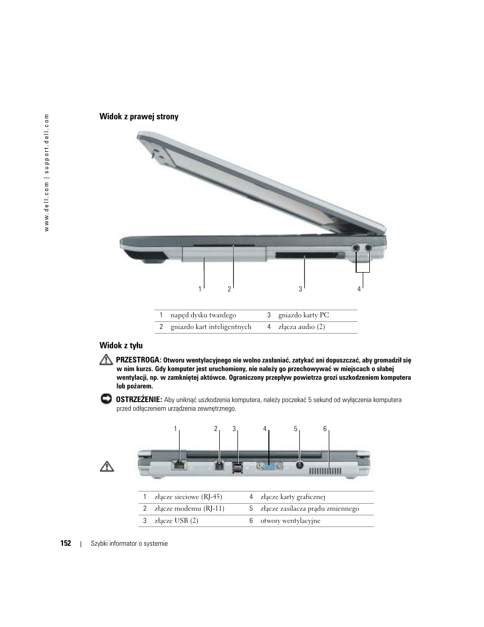 Widok z prawej strony, Widok z tyłu | Dell Latitude D410 User Manual | Page 152 / 248