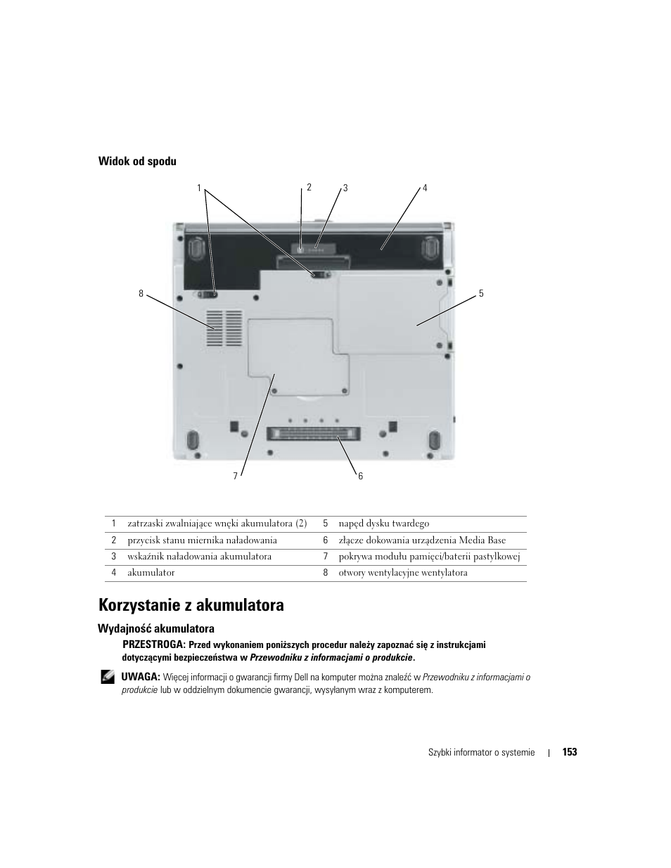 Widok od spodu, Korzystanie z akumulatora, Wydajność akumulatora | Dell Latitude D410 User Manual | Page 153 / 248