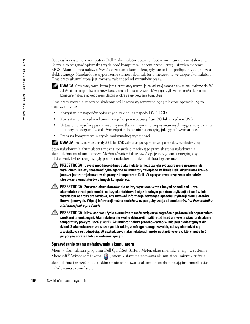 Sprawdzanie stanu naładowania akumulatora | Dell Latitude D410 User Manual | Page 154 / 248