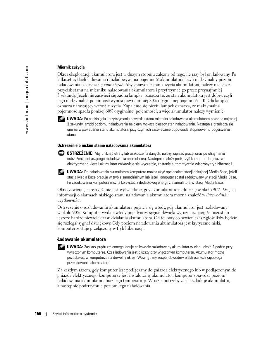 Ładowanie akumulatora | Dell Latitude D410 User Manual | Page 156 / 248