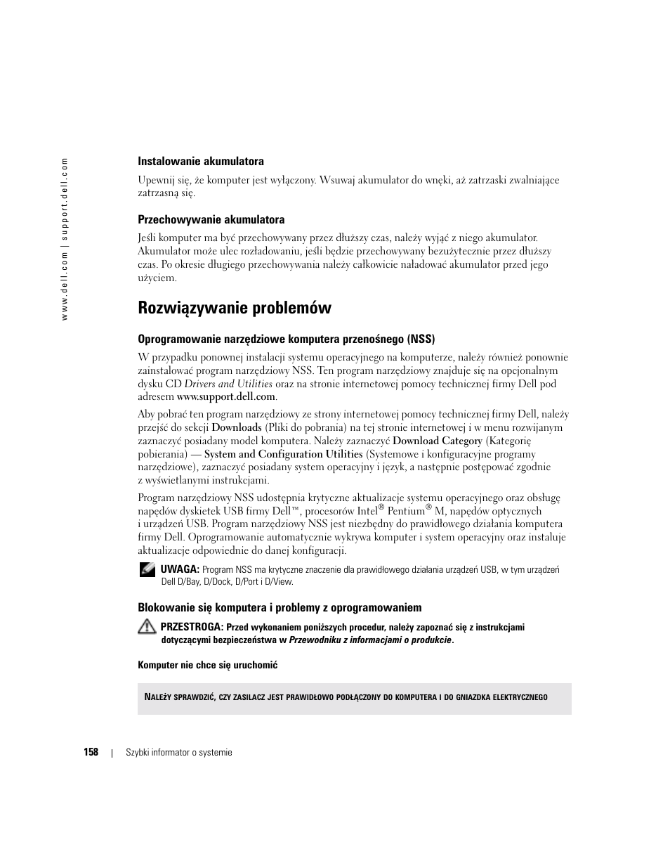 Instalowanie akumulatora, Przechowywanie akumulatora, Rozwiązywanie problemów | Dell Latitude D410 User Manual | Page 158 / 248