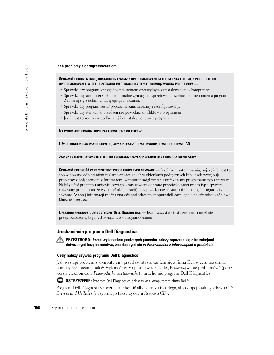 Uruchamianie programu dell diagnostics | Dell Latitude D410 User Manual | Page 160 / 248