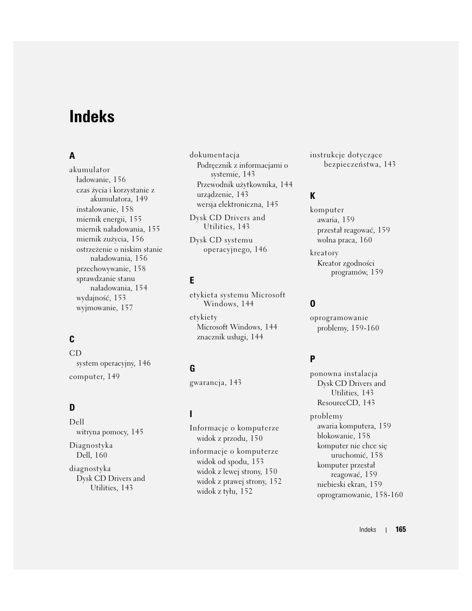 Indeks | Dell Latitude D410 User Manual | Page 165 / 248