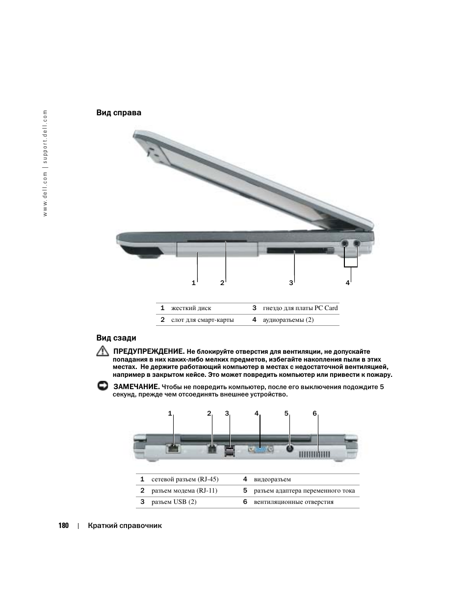 Вид справа, Вид сзади | Dell Latitude D410 User Manual | Page 180 / 248