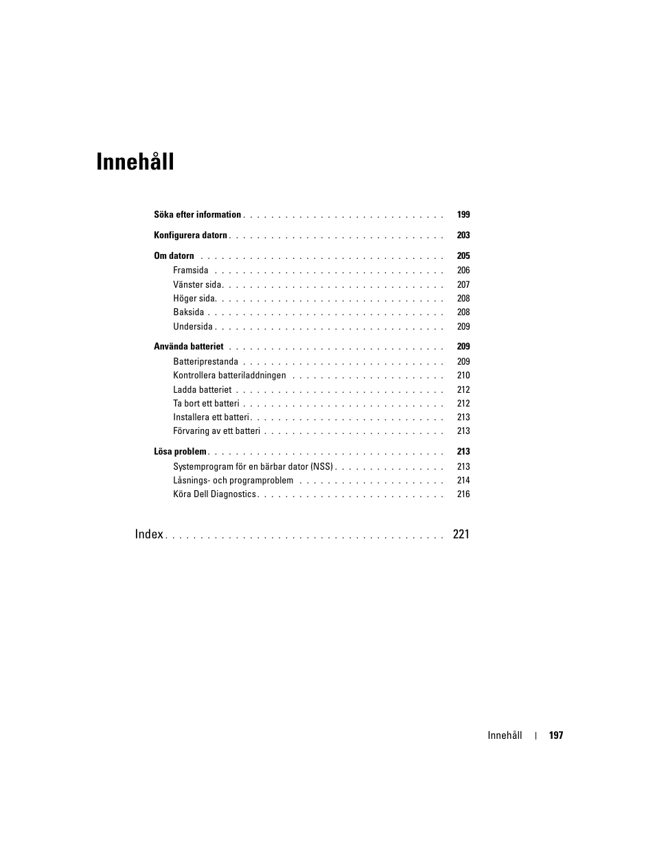 Innehåll, Index | Dell Latitude D410 User Manual | Page 197 / 248