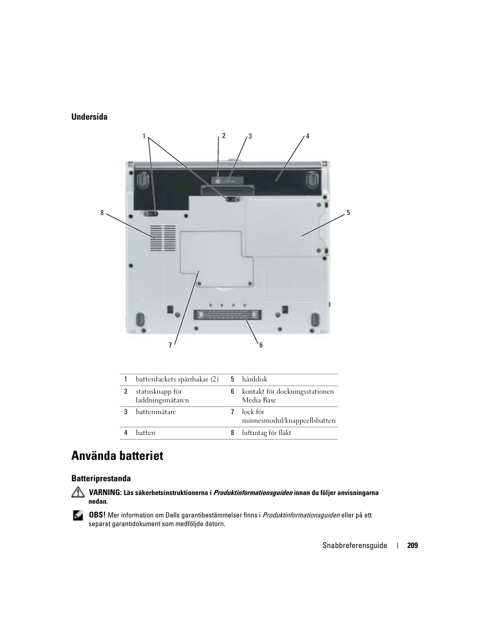 Undersida, Använda batteriet, Batteriprestanda | Dell Latitude D410 User Manual | Page 209 / 248