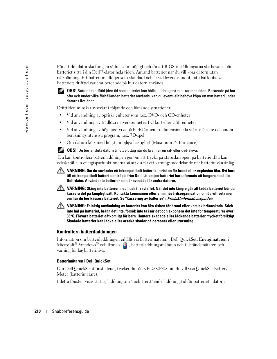 Kontrollera batteriladdningen | Dell Latitude D410 User Manual | Page 210 / 248