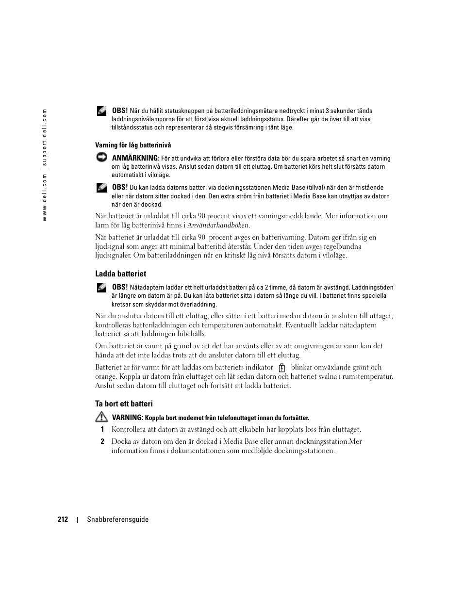Ladda batteriet, Ta bort ett batteri | Dell Latitude D410 User Manual | Page 212 / 248