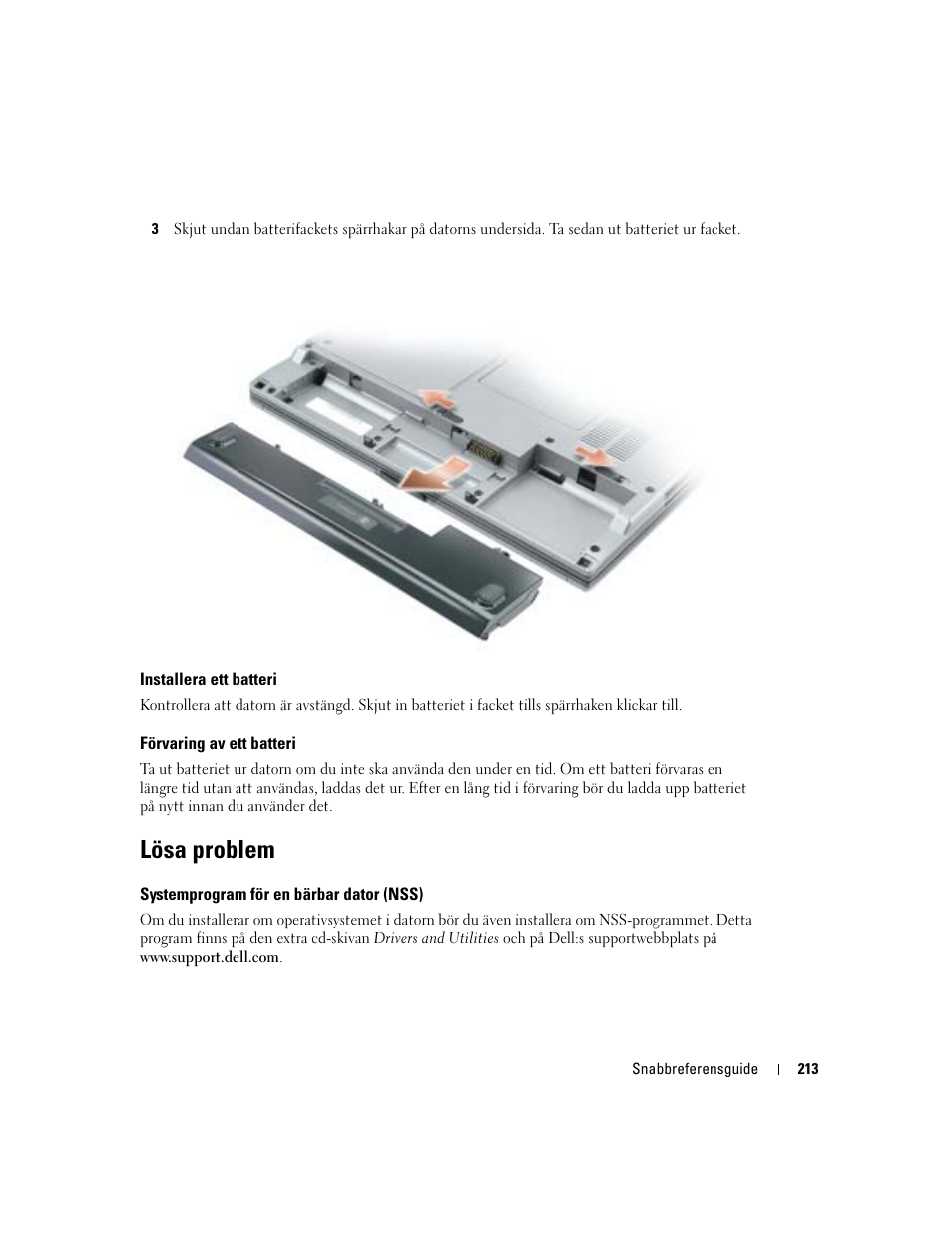 Installera ett batteri, Förvaring av ett batteri, Lösa problem | Systemprogram för en bärbar dator (nss) | Dell Latitude D410 User Manual | Page 213 / 248