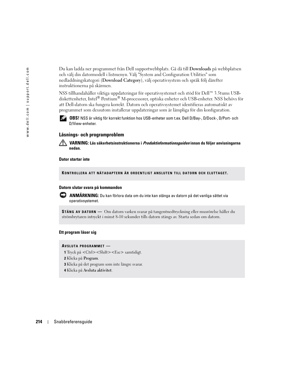 Låsnings- och programproblem | Dell Latitude D410 User Manual | Page 214 / 248