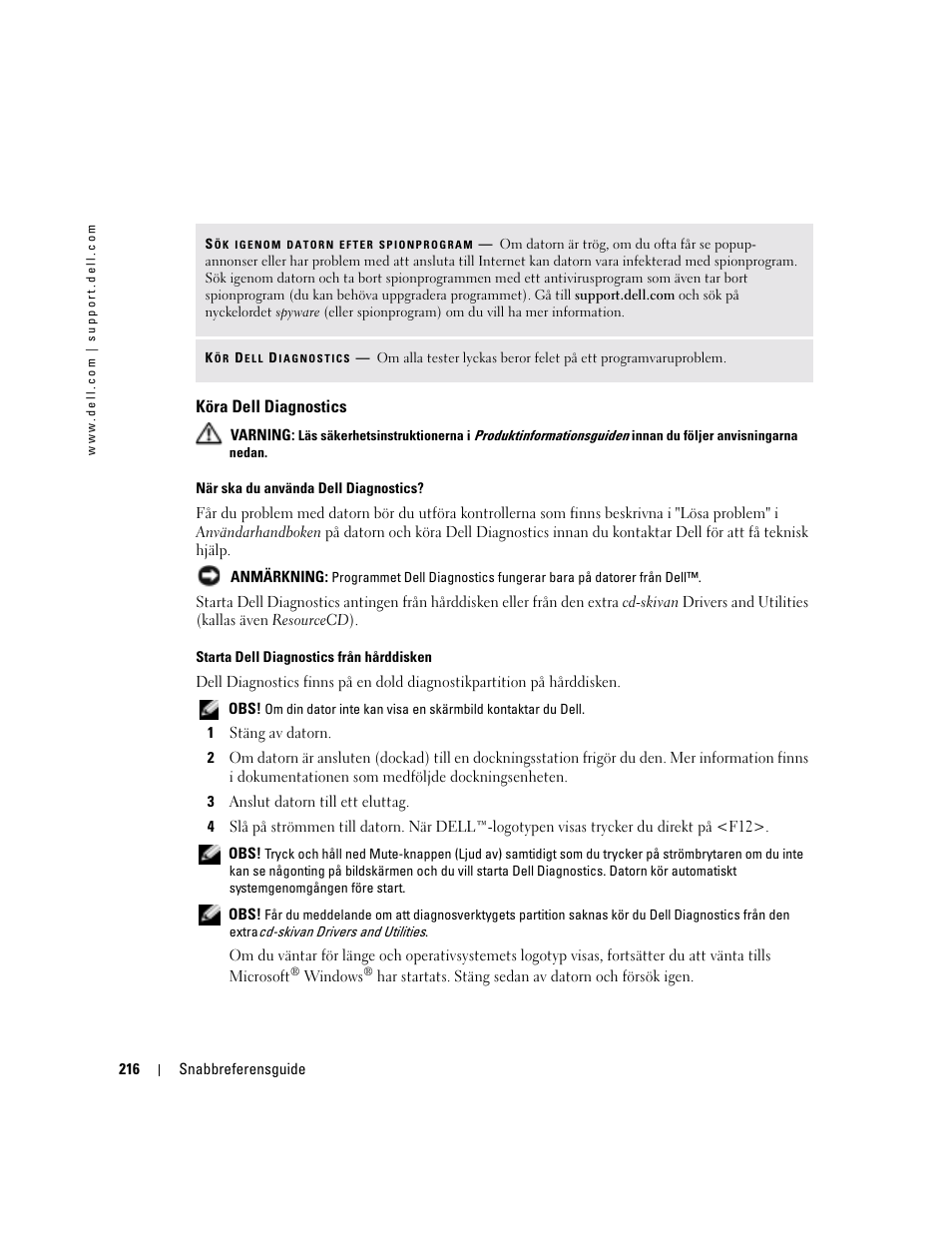 Köra dell diagnostics | Dell Latitude D410 User Manual | Page 216 / 248