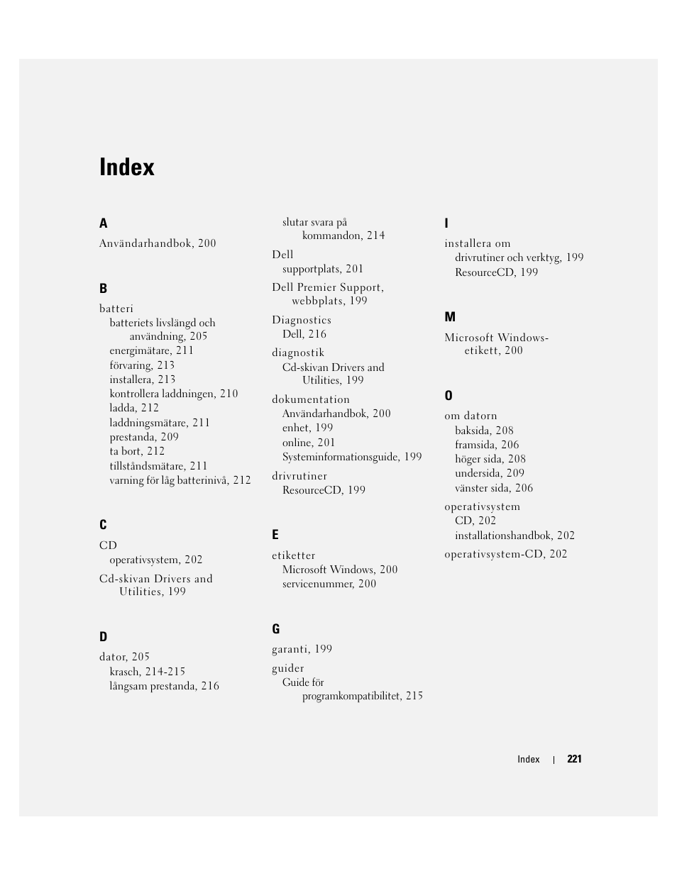 Index | Dell Latitude D410 User Manual | Page 221 / 248