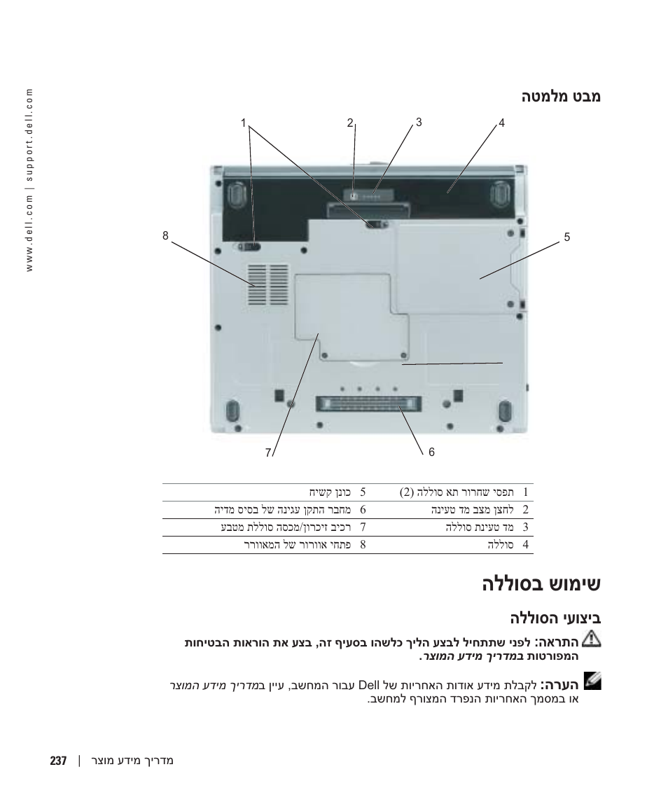 מבט מלמטה, שימוש בסוללה, ביצועי הסוללה | הללוסב שומיש, הטמלמ טבמ, הללוסה יעוציב | Dell Latitude D410 User Manual | Page 234 / 248