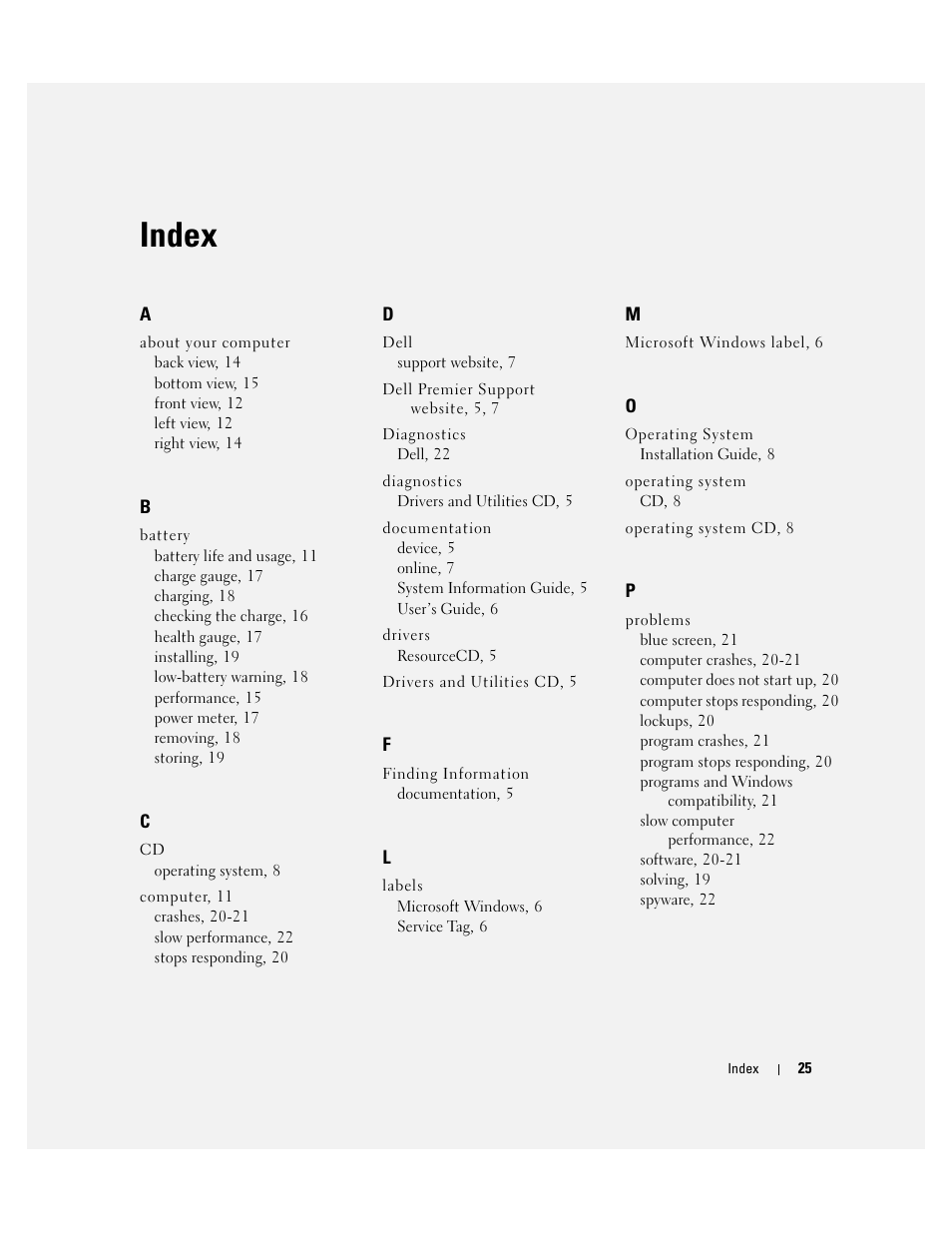 Index | Dell Latitude D410 User Manual | Page 25 / 248