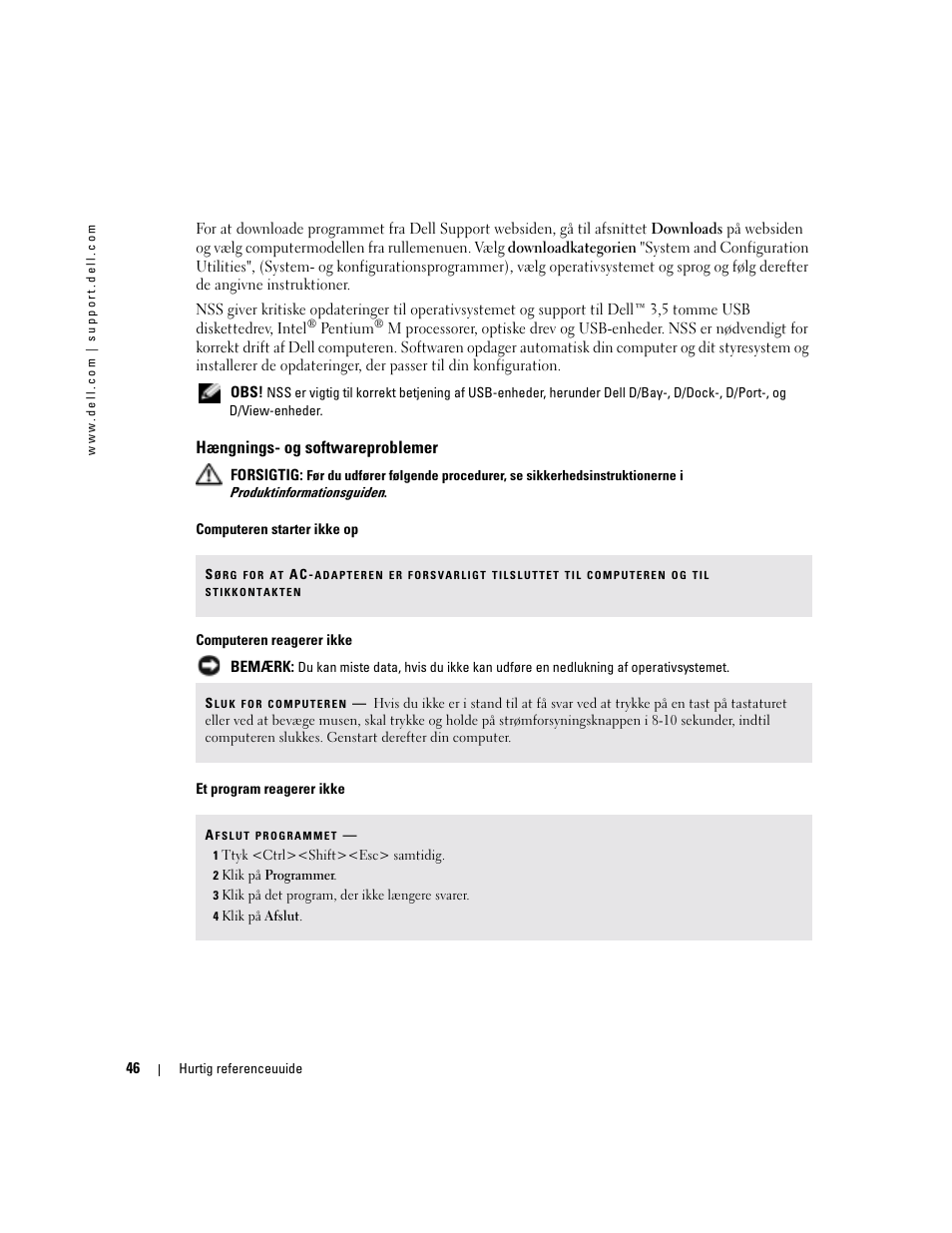 Hængnings- og softwareproblemer | Dell Latitude D410 User Manual | Page 46 / 248