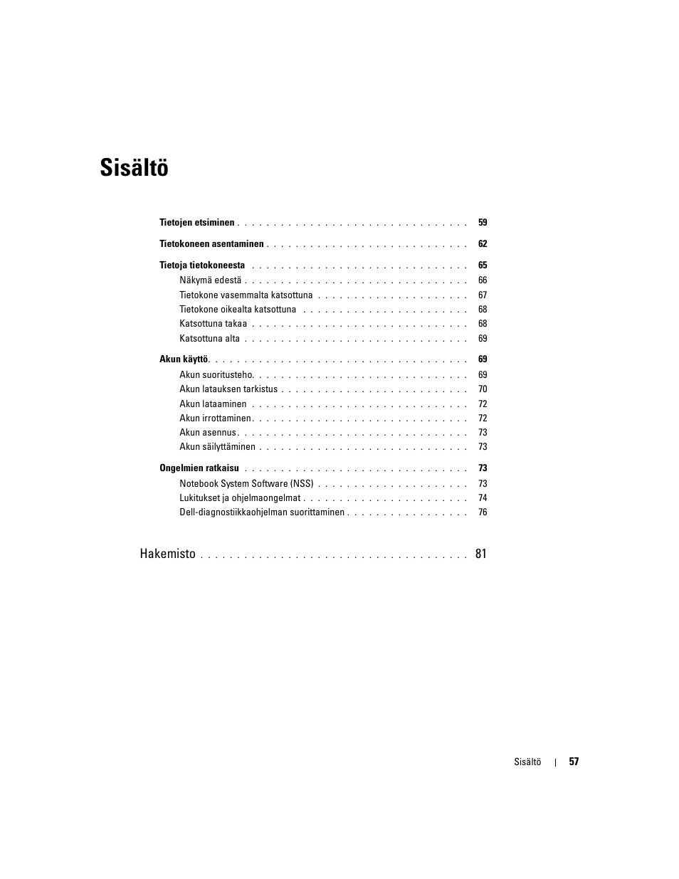 Sisältö, Hakemisto | Dell Latitude D410 User Manual | Page 57 / 248