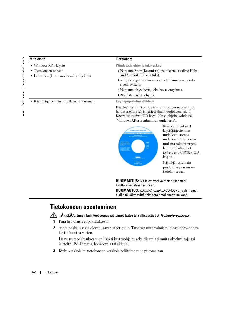 Tietokoneen asentaminen | Dell Latitude D410 User Manual | Page 62 / 248