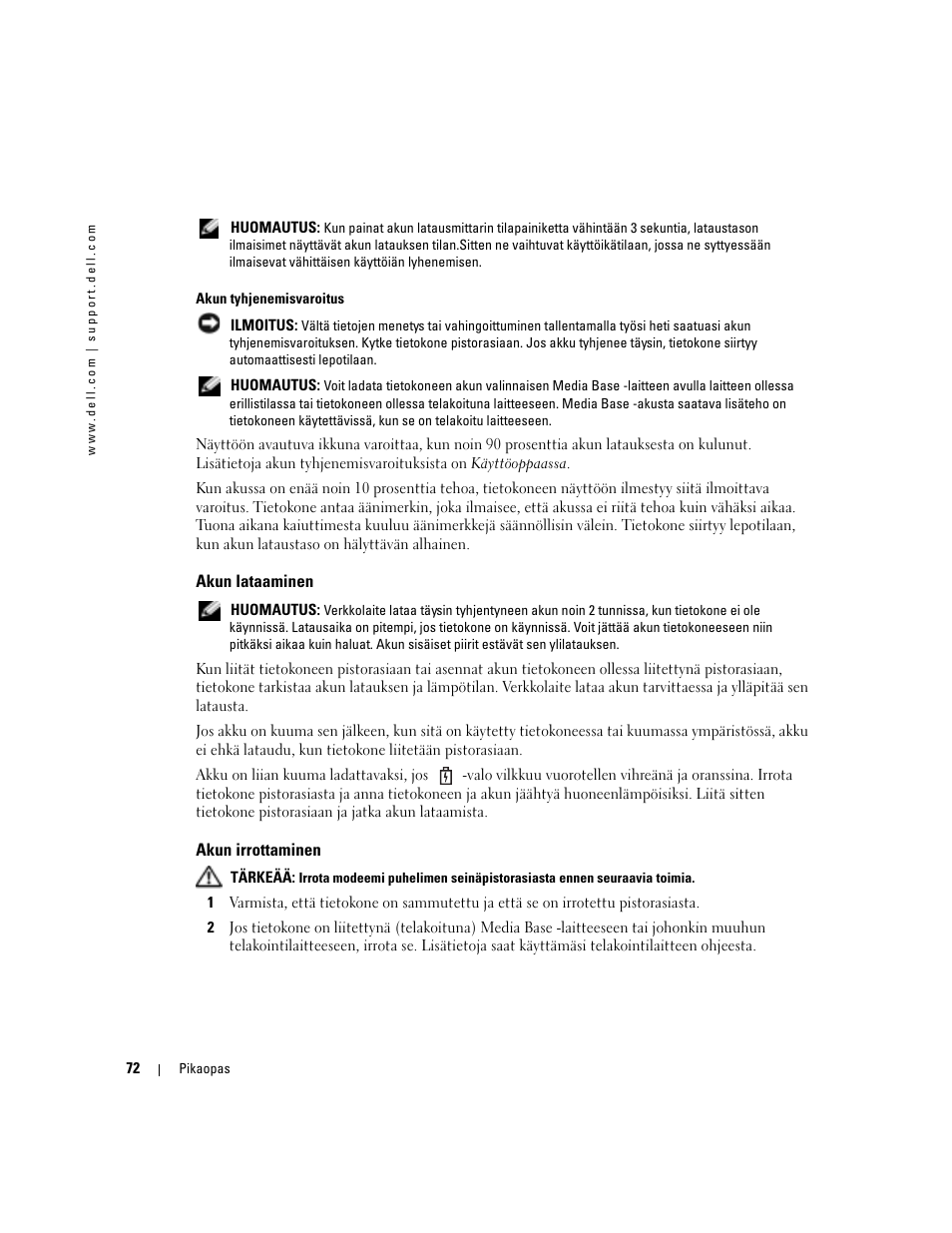 Akun lataaminen, Akun irrottaminen | Dell Latitude D410 User Manual | Page 72 / 248