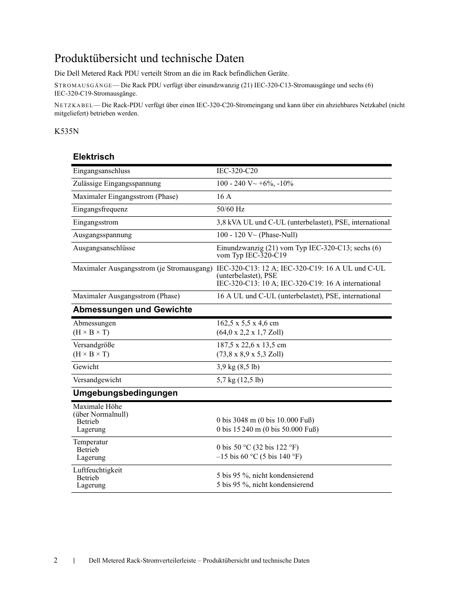 Produktübersicht und technische daten | Dell Metered PDU LED User Manual | Page 14 / 36