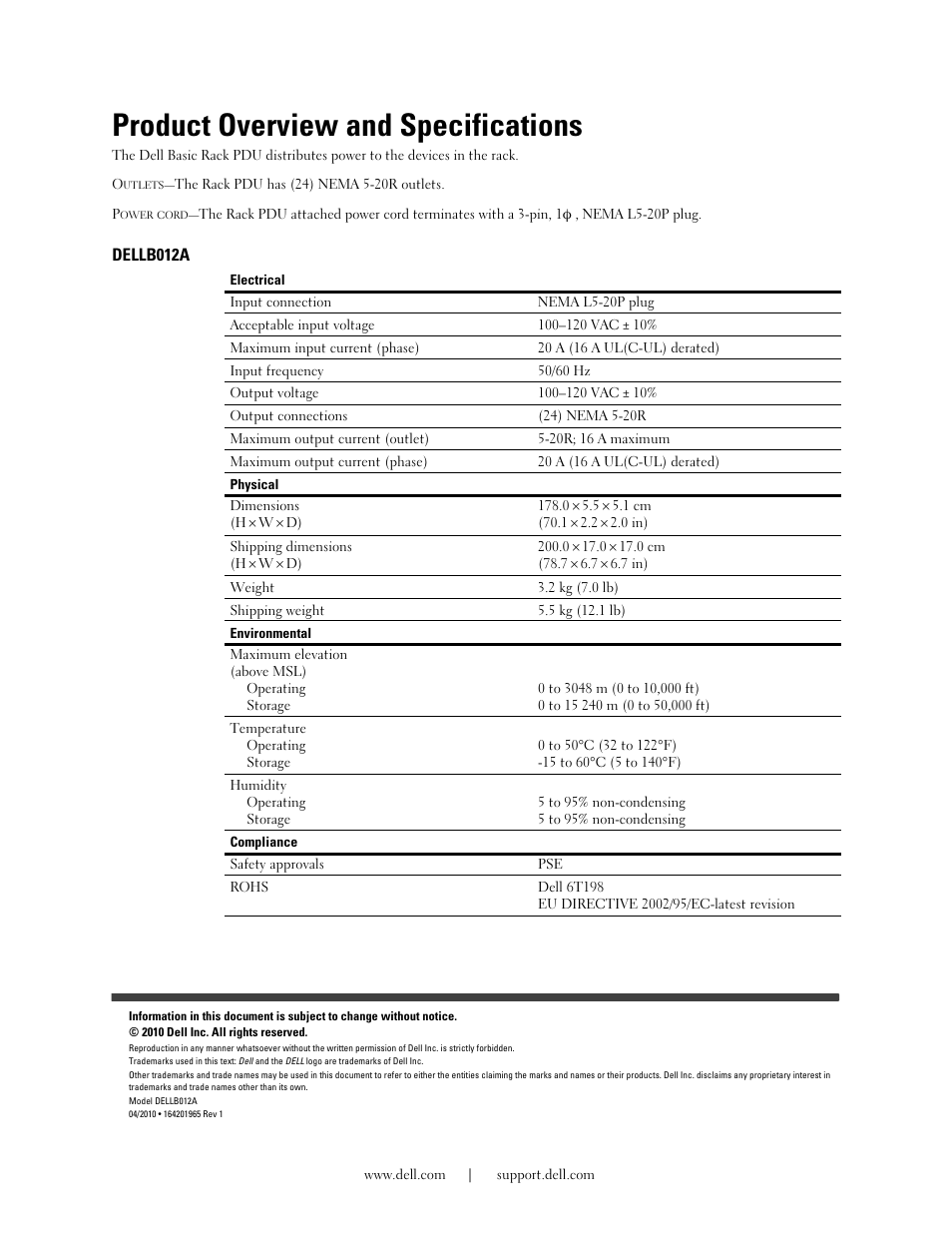 Product overview and specifications, Dellb012a | Dell Basic PDU User Manual | Page 3 / 9
