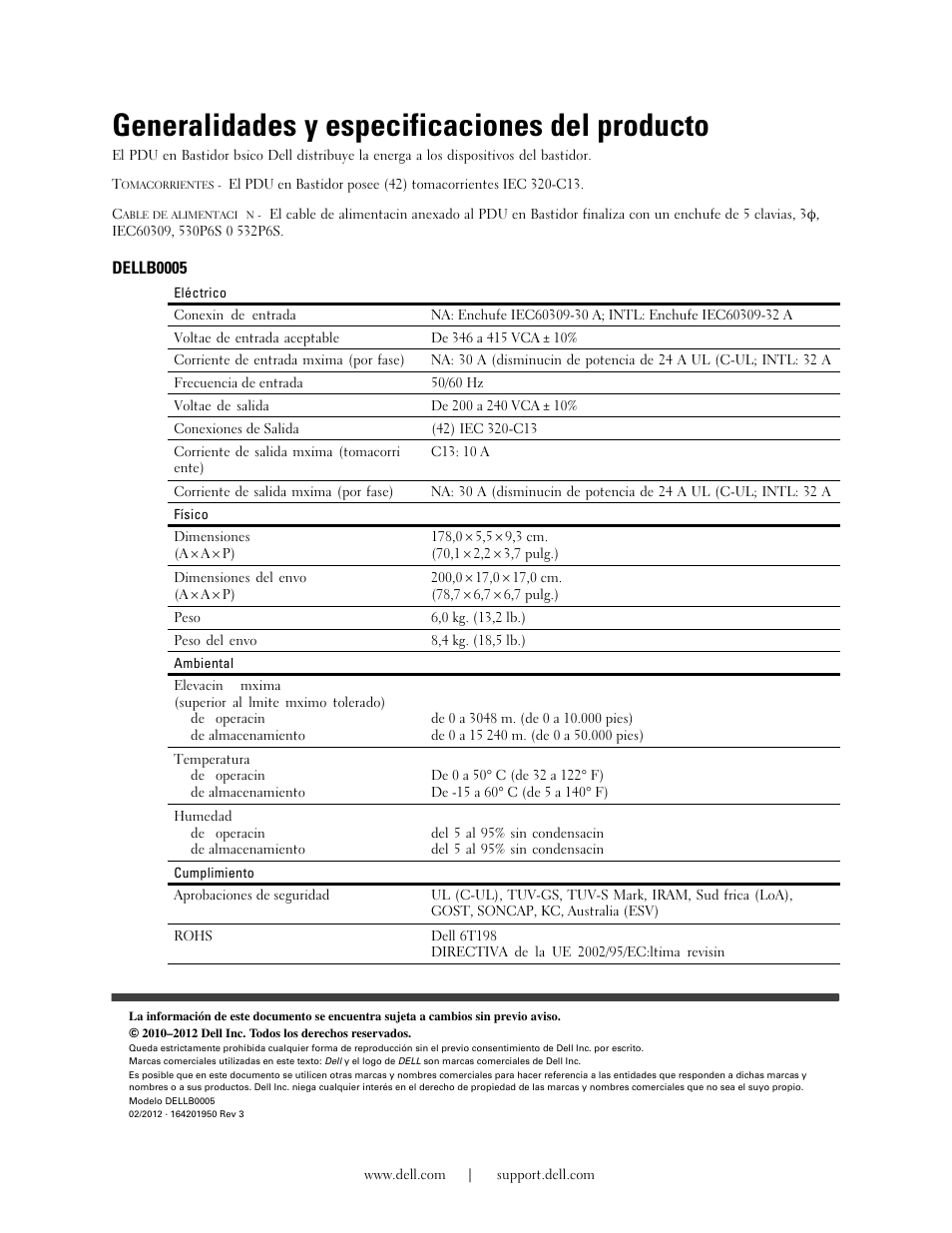Generalidades y especificaciones del producto, Dellb0005 | Dell Basic PDU User Manual | Page 11 / 19